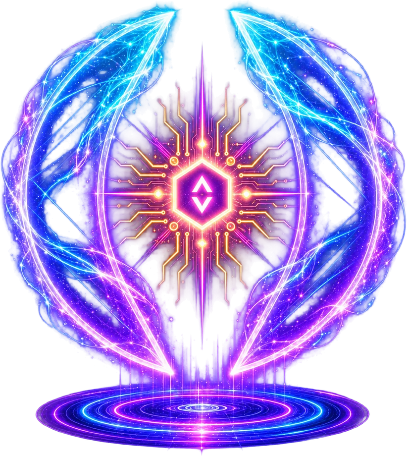 The Davara sigil — a circuit-hexagon core held inside wings of light